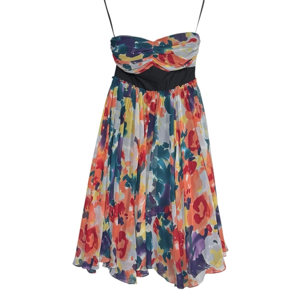 The Limited floral strapless dress colorful print black bodice side zipper Sz 0